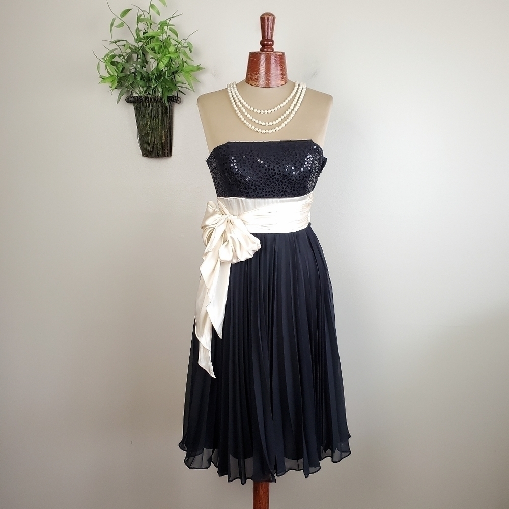 Betsey Johnson Black Delilah Strapless Sequin Sheer Accordion Satin Tie Dress 4